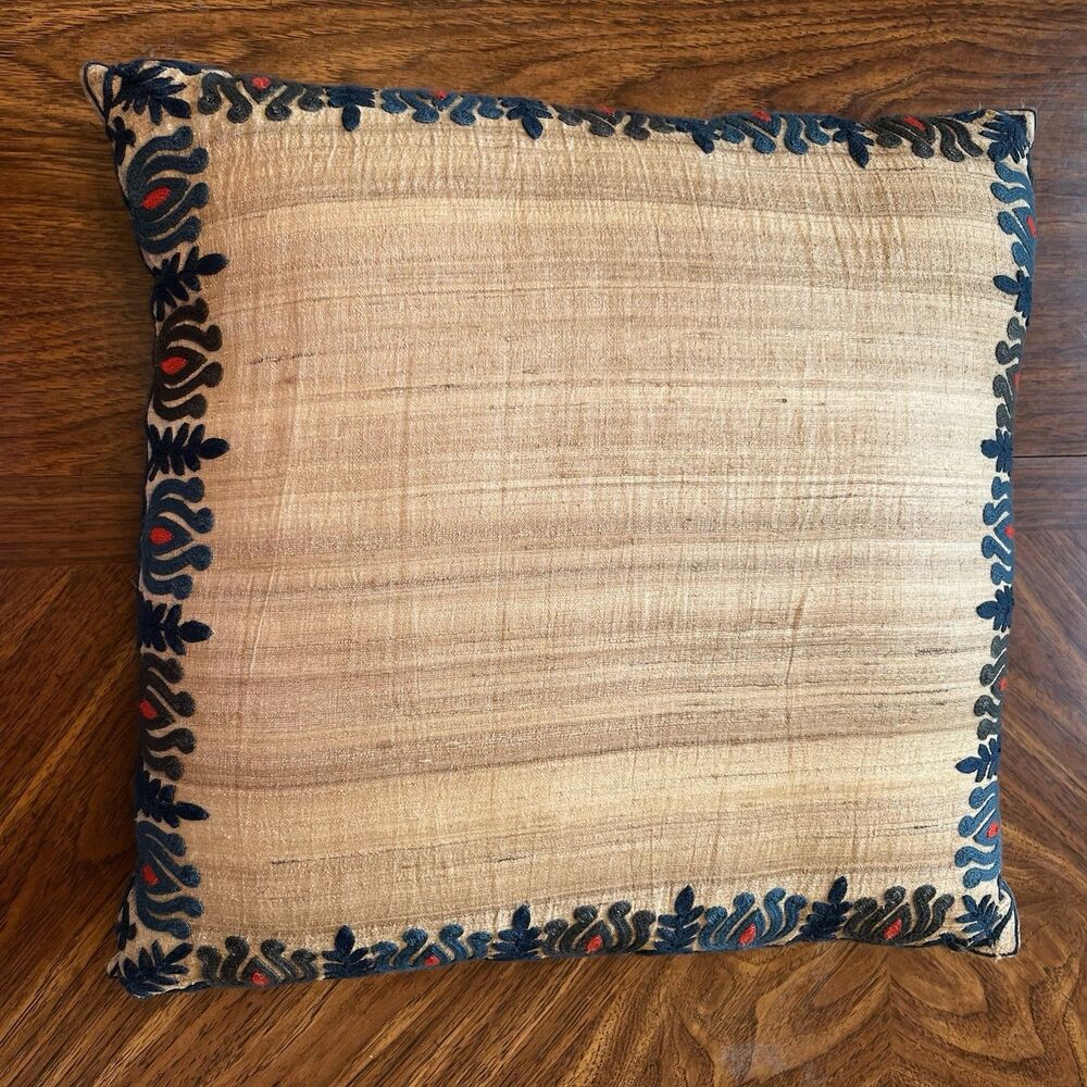 Pier One Throw Pillow Cover, Embroidered Trim Beige Blue Accent Pillow